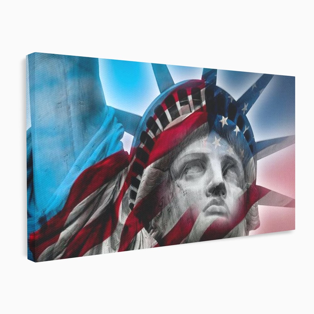 Tablou canvas cu statuia libertatii suprapusa cu steagul american, fara rama, pe sasiu de lemn